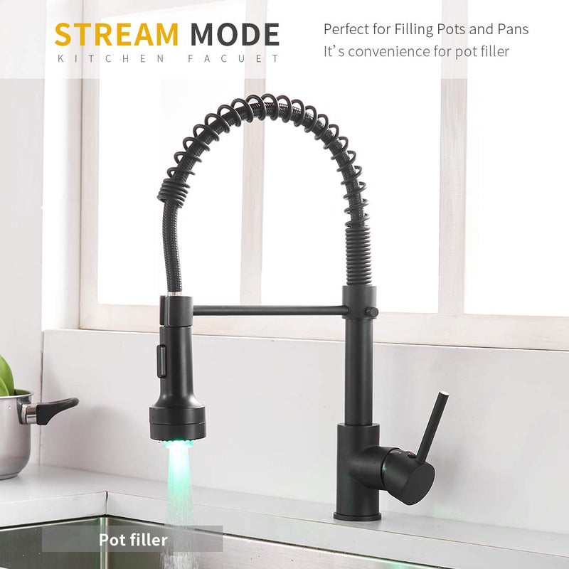 AIMADI Kitchen Faucet with Sprayer, Modern Single Handle Pull Down Sprayer Spring Matte Black Kitchen Sink Faucet with LED Light - Image 2